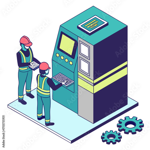 Research and development room scene showing engineer using engraver mini CNC machine to build prototype production, isolated cartoon vector.