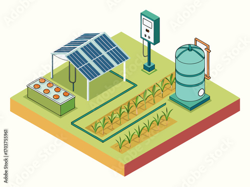 Solar cell system powering a water pump for farming, providing renewable energy solution for irrigation and agricultural sustainability.