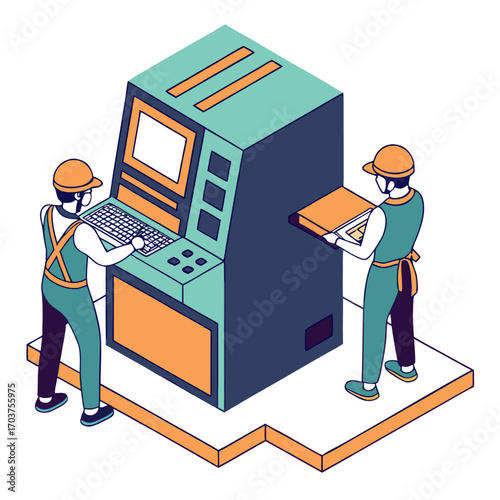 Engineer working with engraver mini CNC machine in research and development room, building prototype production, isolated cartoon vector illustration.