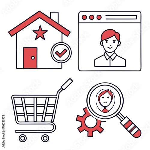A collection of modern outline icons symbolizing key digital business concepts like e-commerce, user profiles, and customer management