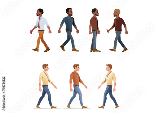 Vector illustration of diverse male characters walking in different outfits and styles, perfect for animation, character design, explainer videos, app interfaces, and creative storytelling visuals
