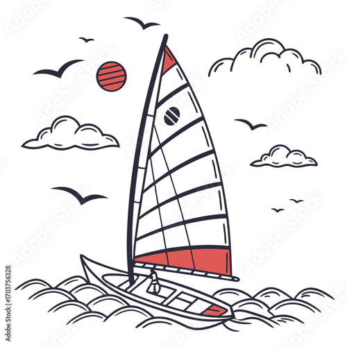 Hand-drawn illustration of a catamaran sailboat on the sea with waves, clouds, and birds. Nautical themed doodle concept for travel and leisure