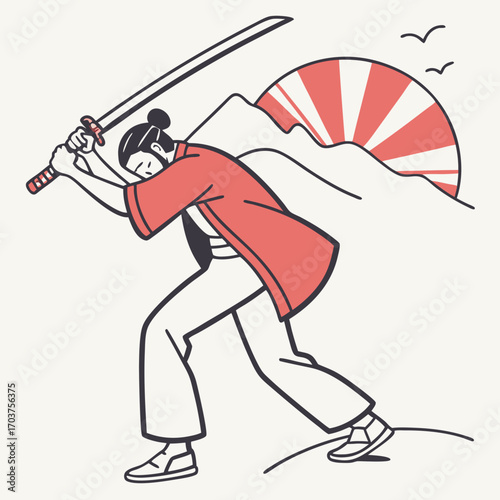 Japanese samurai warrior with a katana sword in a fighting stance, minimalist vector illustration with mountains and a rising sun background