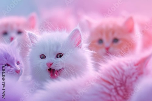 fluffy white and pink kittens, creating a dreamy, soft-focus effect against a pastel gradient background
