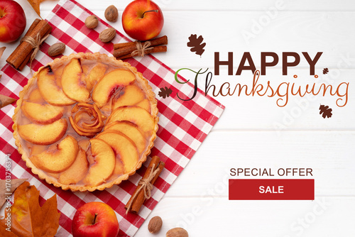 Thanksgiving celebration with apple pie and seasonal decorations on red checkered tablecloth