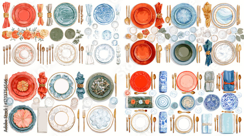 Watercolor illustration of elegant tableware sets with plates, glasses, cutlery, and napkins, ideal for dining, hospitality, celebration, and lifestyle design projects.