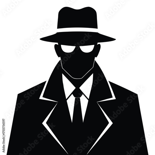 Silhouette of a Person Wearing a Hat, Sunglasses, Coat and Tie on White