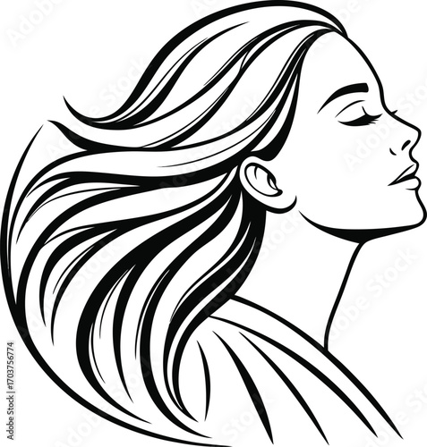 Vector art of stylized black and white illustration of a womans profile with flowing hair