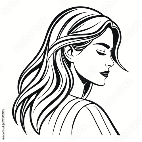 Vector art of elegant black and white illustration of a woman with flowing hair