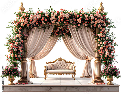 A beautiful Indian wedding mandap decorated with roses and flowers, set against isolated on a transparent background.
