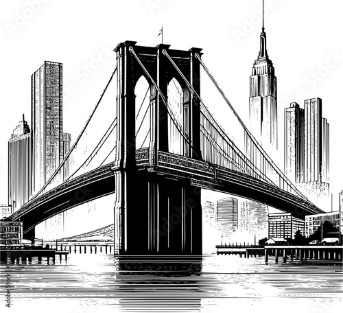 Black and white vector illustration of iconic bridge, clean structural line art, simple geometric architecture, scalable outline design, isolated on white