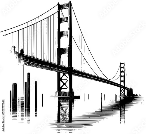 Black and white vector illustration of iconic bridge, clean structural line art, simple geometric architecture, scalable outline design, isolated on white