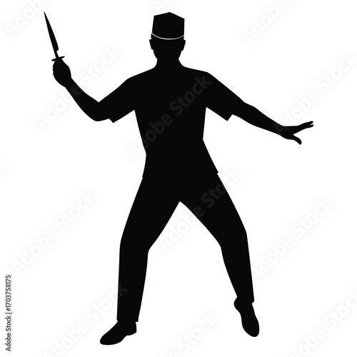 Silhouette of Figure in Uniform Holding Dagger with One Arm Raised