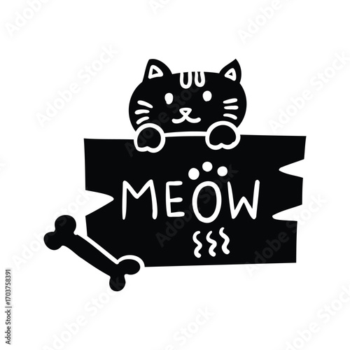 Hand drawn halloween cat holding meow sign solid style vector illustration