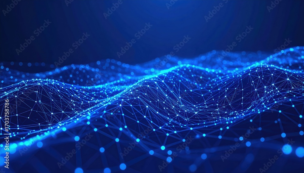 Obraz premium A digital landscape featuring blue, interconnected lines and dots, resembling a flowing wave pattern in a futuristic design.
