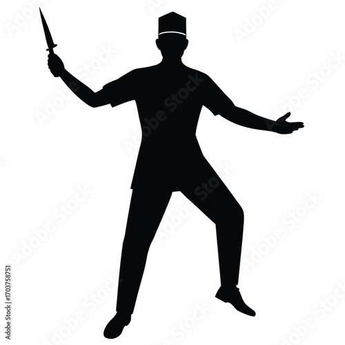 Silhouette of Man in Tunic and Hat Wielding Dagger Pointed Upward