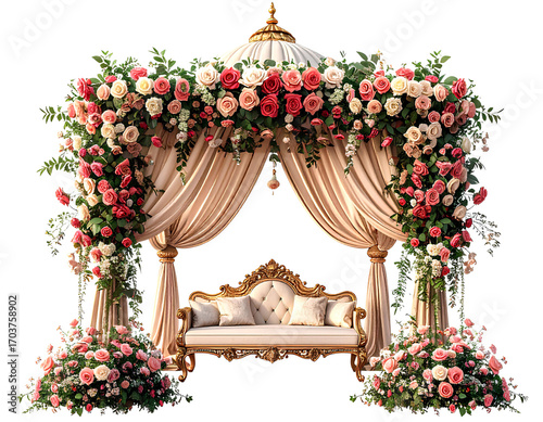 A beautiful Indian wedding mandap decorated with roses and flowers, set against isolated on a transparent background.