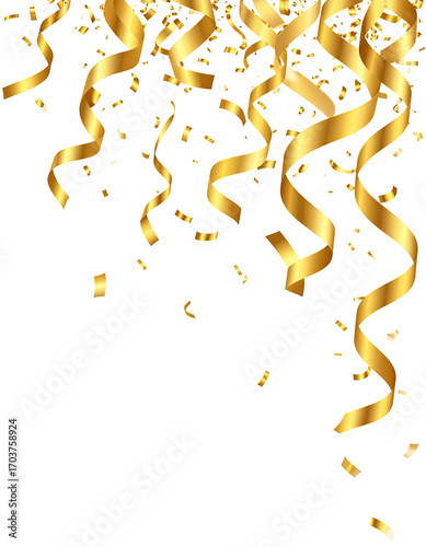 Gold confetti and ribbons cascading on black background