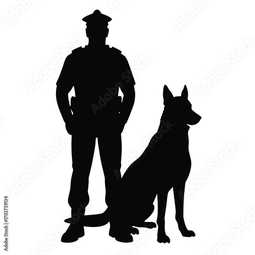Silhouette of Police Officer Standing Beside a Seated German Shepherd Dog