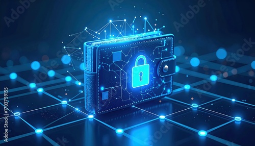 A digital wallet secured with a lock, surrounded by a network of glowing nodes, representing cybersecurity and digital finance.