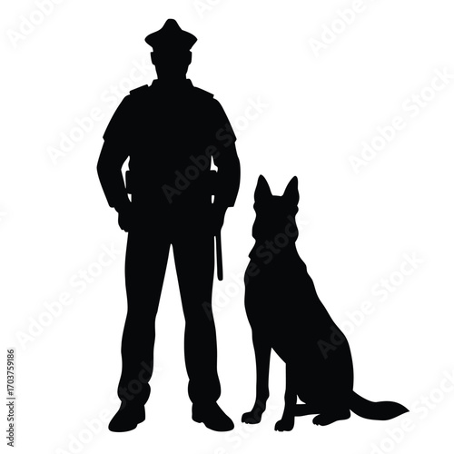 Silhouette of Police Officer Standing With Seated German Shepherd Dog Companion