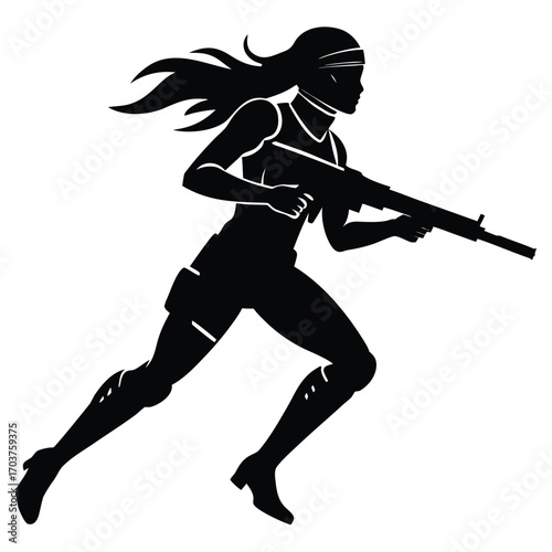 Silhouette of Woman Running with Rifle, Action Hero, Warrior,