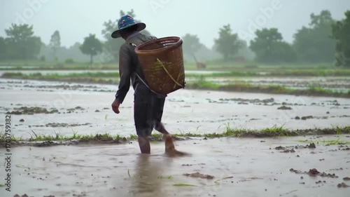A rural scene depicts a person wading through a flooded paddy field during a heavy rainfall.