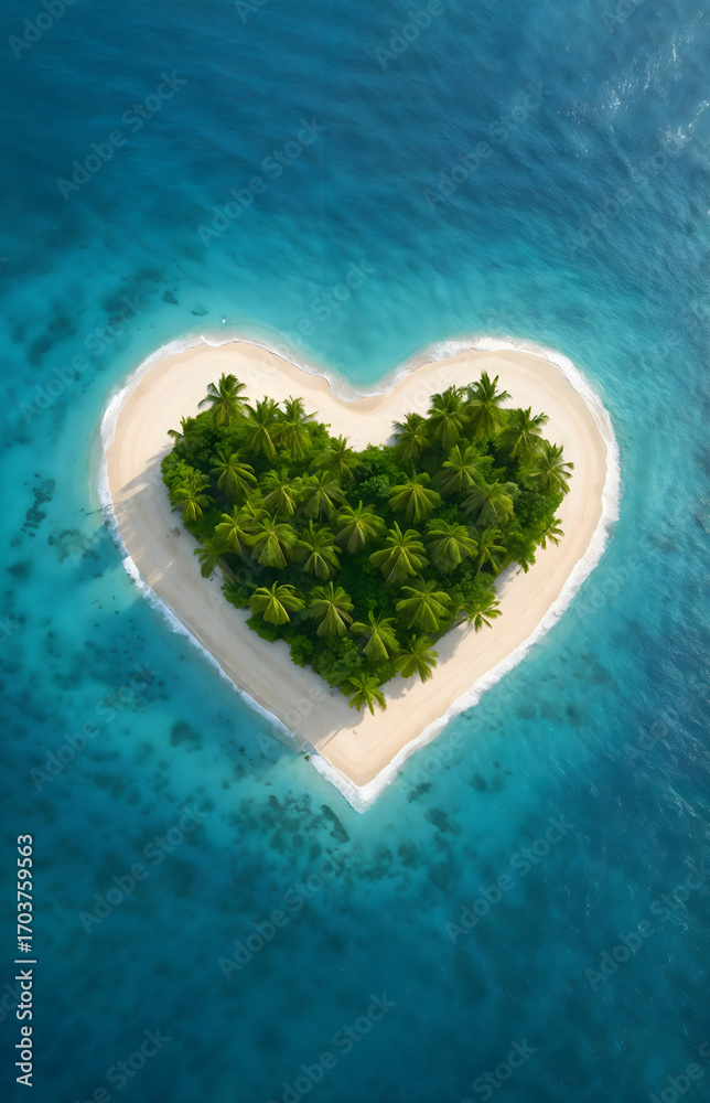 custom made wallpaper toronto digitalBeautiful aerial view of a small heart-shaped island with lush palm trees and white sandy beach surrounded by turquoise ocean water.