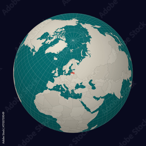 Latvia on the map. Globe centered to Latvia. Country location on the world map. Teal Pale Mint color palette. Globe with countries, meridians and parallels. Modern vector illustration.