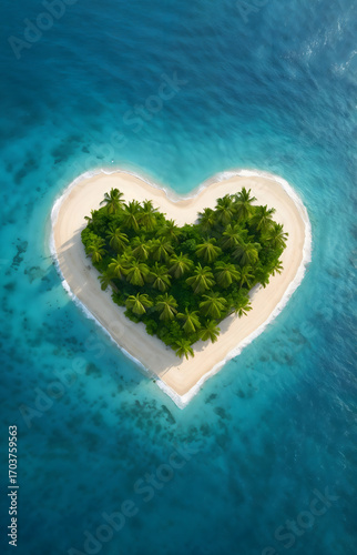 Wallpaper Mural Beautiful aerial view of a small heart-shaped island with lush palm trees and white sandy beach surrounded by turquoise ocean water. Torontodigital.ca
