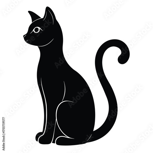 Simple Black Cat Silhouette Illustration Sitting Profile View Isolated on White