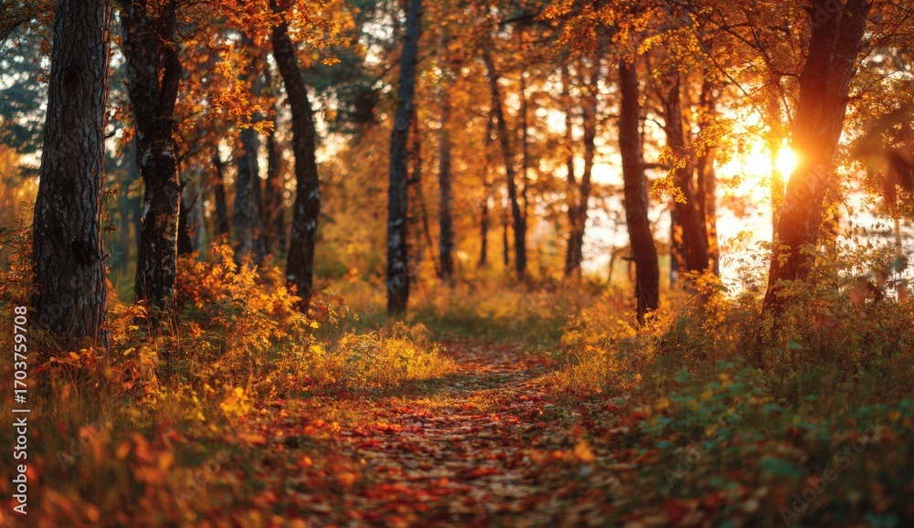 Obraz premium Autumnal forest path at sunset