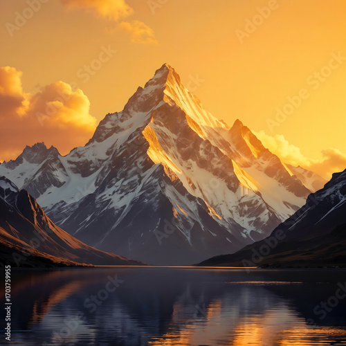 Wallpaper Mural Majestic mountain covered in snow illuminated by golden sunset light, reflected beautifully in the calm lake water below. Torontodigital.ca