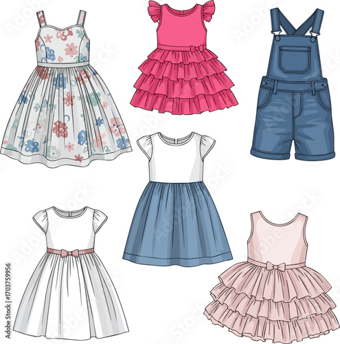 Isolated a kinds of deferent Girl kids dress vector art illustration with white background.