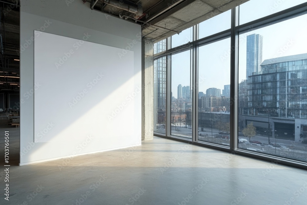 Fototapeta premium Modern office interior with city skyline views