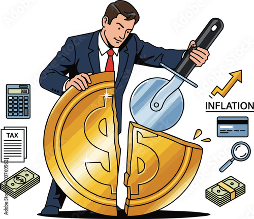  Isolated a Money management, financial planning or wealth management or investment portfolio, paying for tax, loan or debt, inflation concept, businessman using pizza cutter to split vector art.