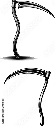 Isolated a kinds of deferent Black and white illustration of a traditional scythe with a wooden handle and curved blade. vector art with white background