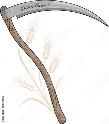 Isolated a  color illustration of a traditional scythe with a wooden handle and curved blade. vector art with white background