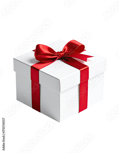 A square white gift box, adorned with a vibrant red ribbon and bow, sits against a black background