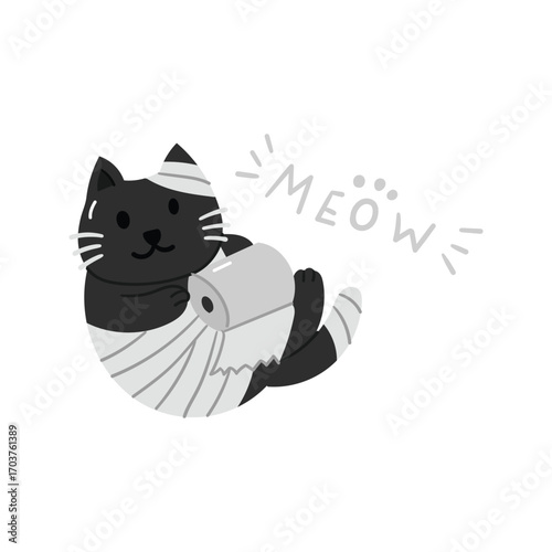 Hand drawn halloween mummy cat holding toilet paper element flat style vector illustration