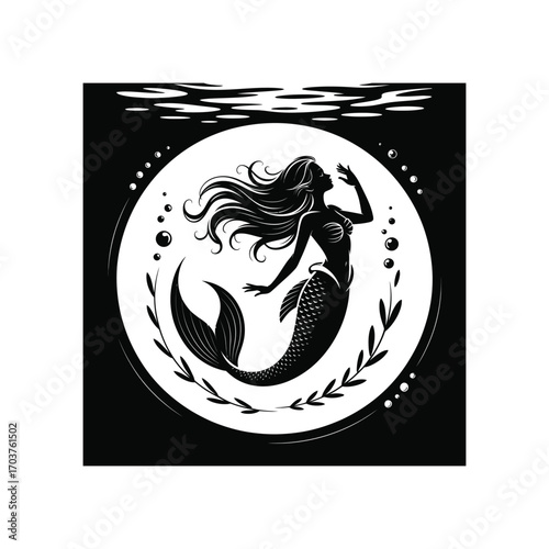 Mystical Mermaid Silhouette Illustration in Underwater Bubble World Aquatic Design
