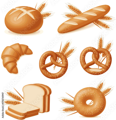 Isolated a kinds of deferent 3D Bread product with wheat ears set vector art with white background.