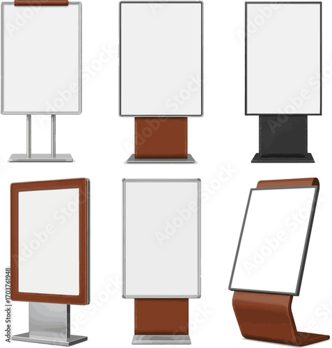 Isolated a kinds of deferent 3D Realistic floor standing display mockup with metal base and leather. Blank portable vertical info white placard sign holder stand for presentation poster, vector art.