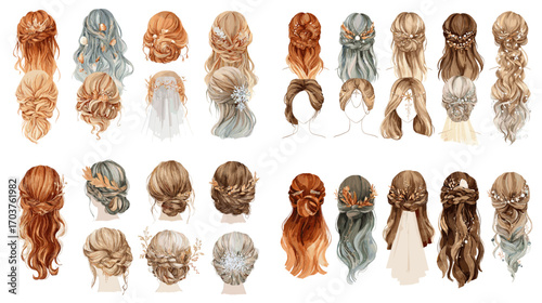 Elegant watercolor illustration of women’s hairstyles, featuring braids, buns, waves, and accessories, perfect for fashion, beauty, salon, and bridal design projects.