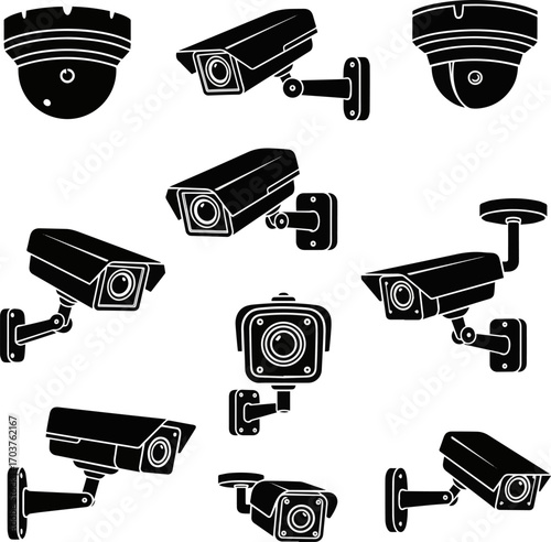 Isolated a kinds of deferent CCTV security camera vector icon silhouette with white background.