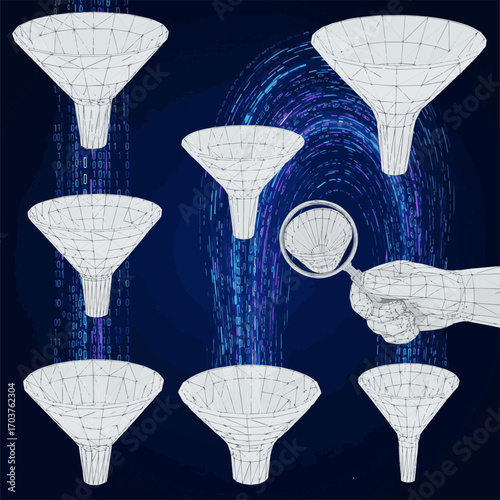 Isolated a kinds of deferent Abstract funnel with data stream and hand with magnifying on dark blue background. Digital internet wave or flow. Low poly wireframe vector set art with white background.