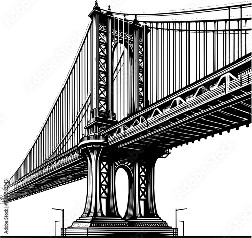 Black and white vector illustration of iconic bridge, clean structural line art, simple geometric architecture, scalable outline design, isolated on white