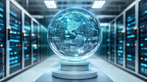AI crystal ball showing data predictions, algorithm patterns swirling inside, server room with cooling mist