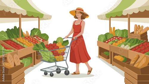  Isolated a kinds of deferent Character Shopping in Vegetable Market. Woman Holding Shopping Trolley, Choosing and Buying Fresh Food Groceries. Local Market Stalls with Natural Products. vector art .