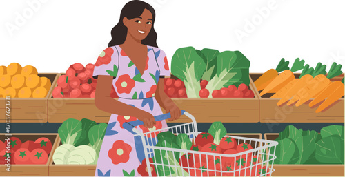  Isolated a kinds of deferent Character Shopping in Vegetable Market. Woman Holding Shopping Trolley, Choosing and Buying Fresh Food Groceries. Local Market Stalls with Natural Products. vector art .